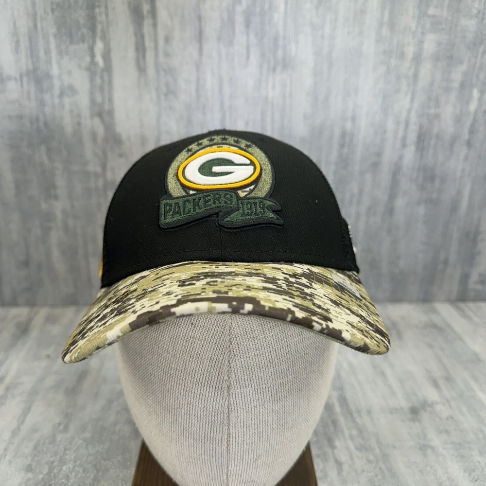 Green Bay Packers Hat Cap Black Camo Snapback Salute To Service Mesh NFL Trucker